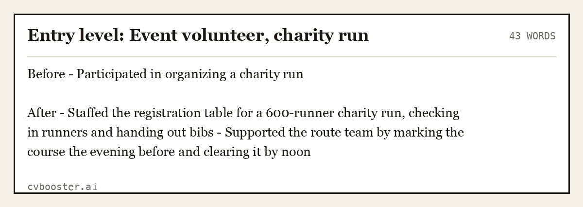 Complete Entry level: Event volunteer, charity run example, 43 words, laid out as it would sit in the application form