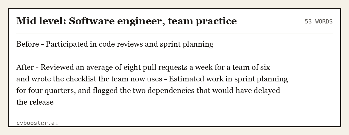 Complete Mid level: Software engineer, team practice example, 53 words, laid out as it would sit in the application form