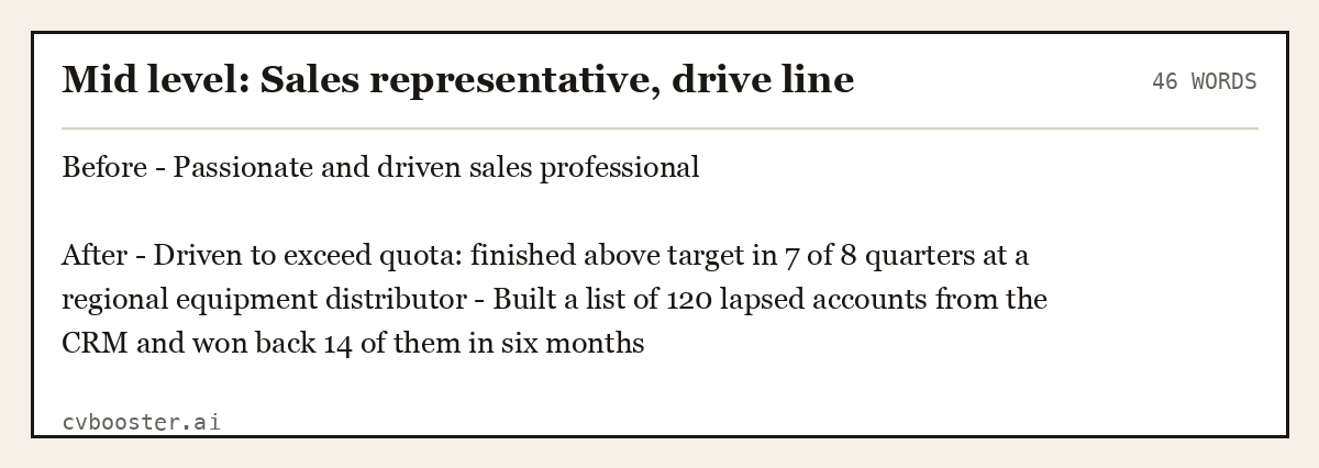 Complete Mid level: Sales representative, drive line example, 46 words, laid out as it would sit in the application form