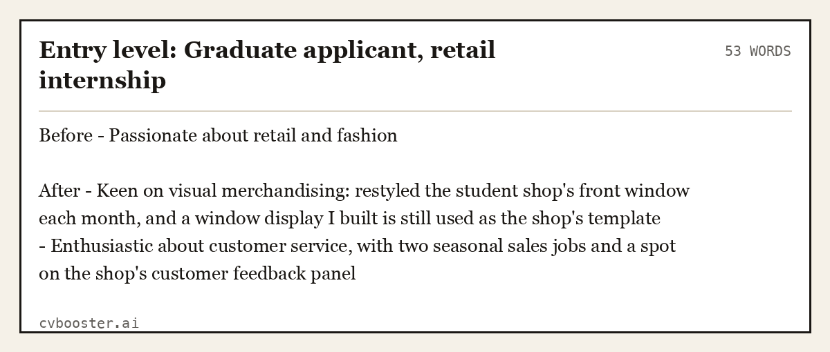 Entry level: Graduate applicant, retail internship, complete example, 53 words