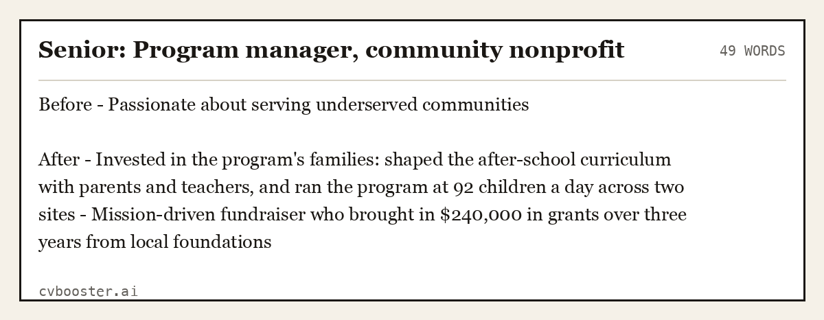 Complete Senior: Program manager, community nonprofit example, 49 words, laid out as it would sit in the application form