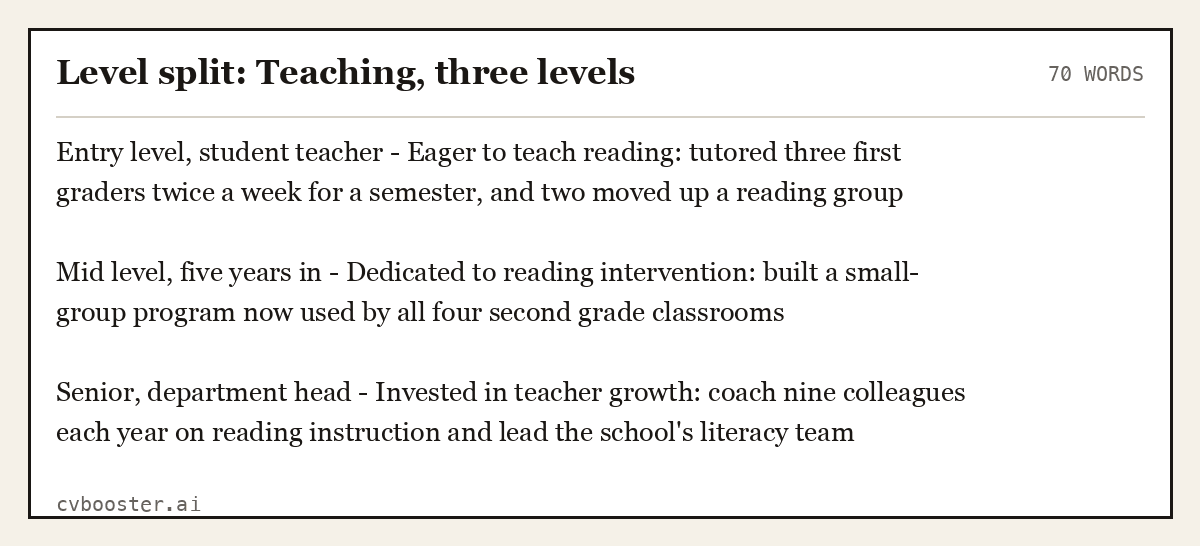 Complete Level split: Teaching, three levels example, 70 words, laid out as it would sit in the application form