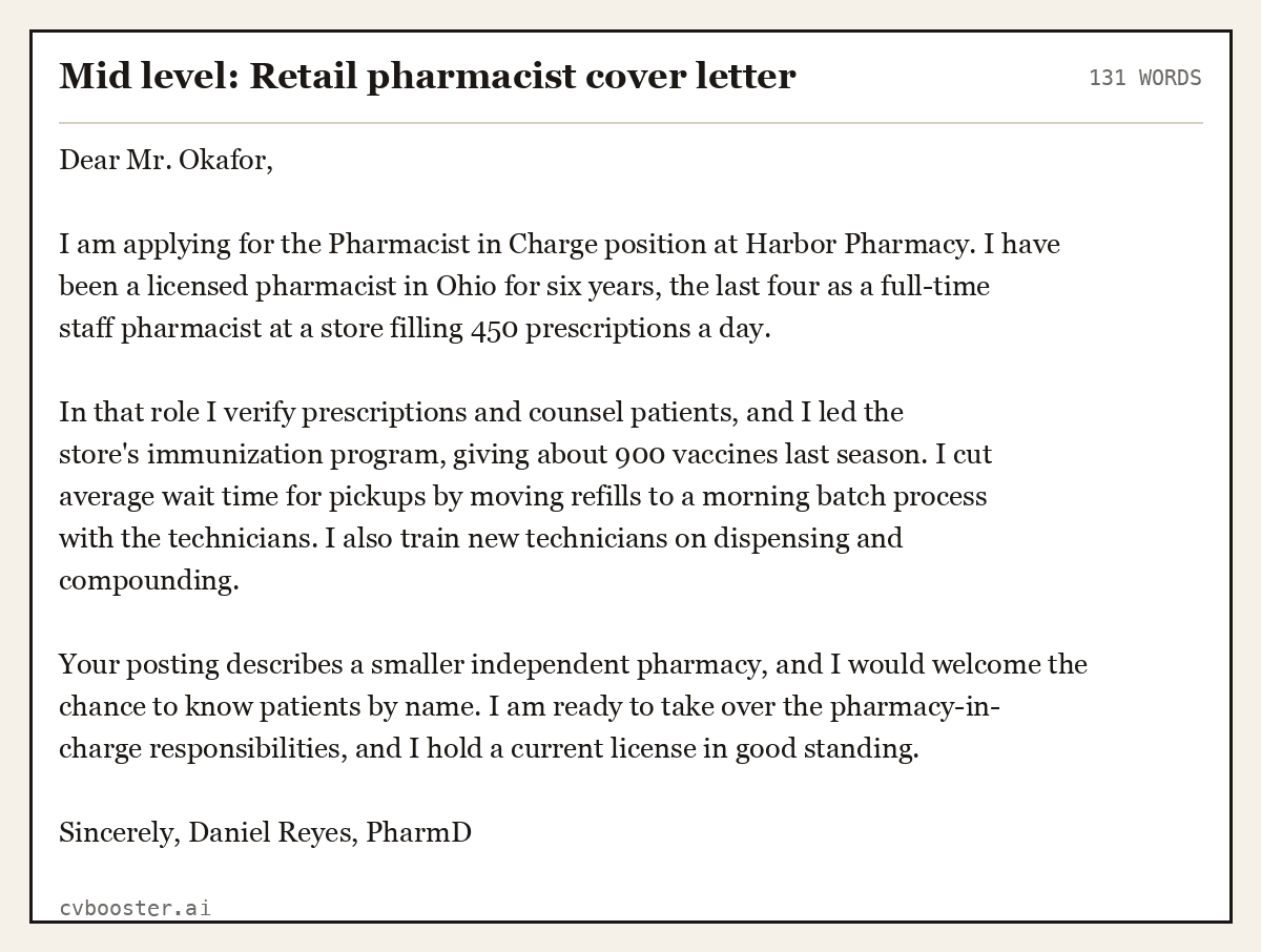 Complete Mid level: Retail pharmacist cover letter example, 131 words, laid out as it would sit in the application form