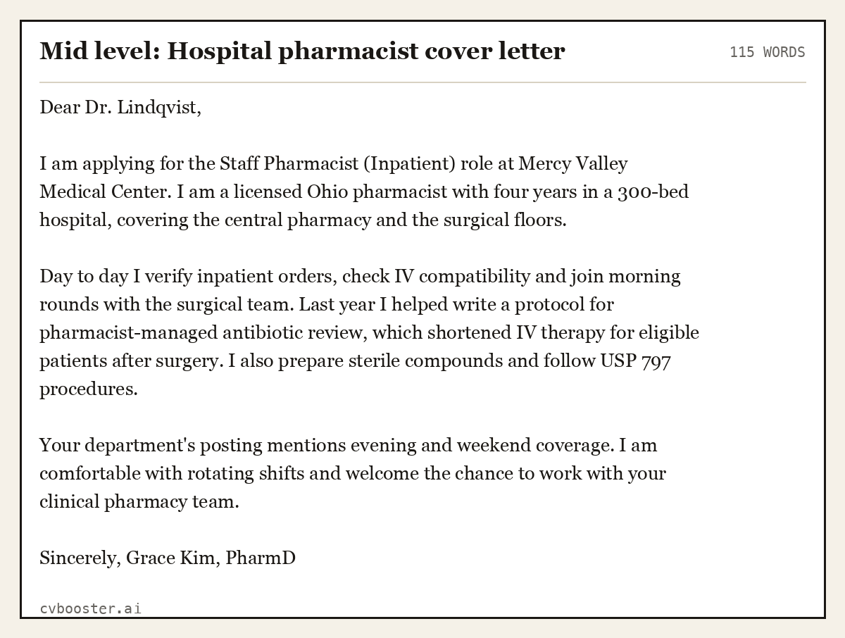 Complete Mid level: Hospital pharmacist cover letter example, 115 words, laid out as it would sit in the application form