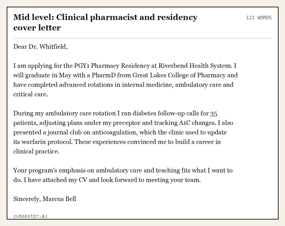 Mid level: Clinical pharmacist and residency cover letter, complete example, 121 words