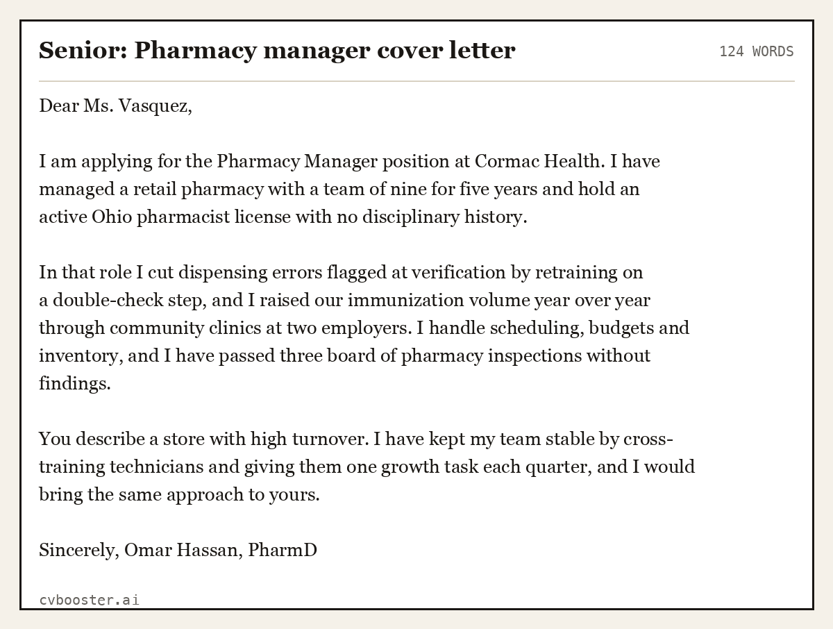 Complete Senior: Pharmacy manager cover letter example, 124 words, laid out as it would sit in the application form