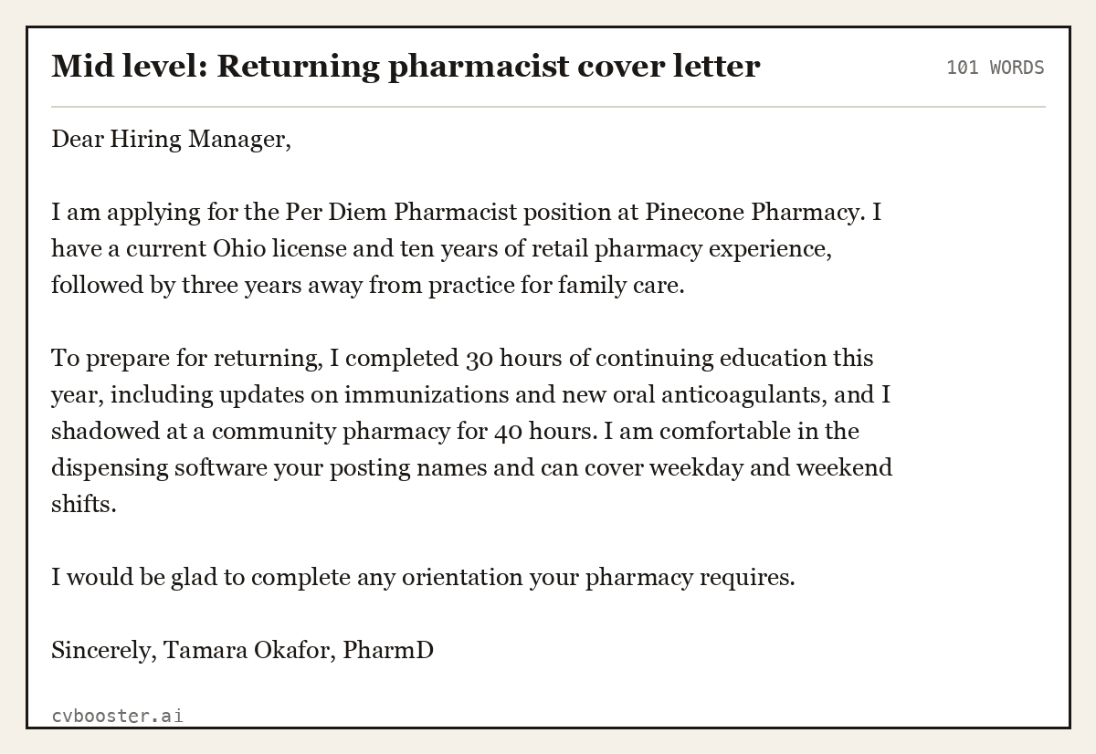 Complete Mid level: Returning pharmacist cover letter example, 101 words, laid out as it would sit in the application form