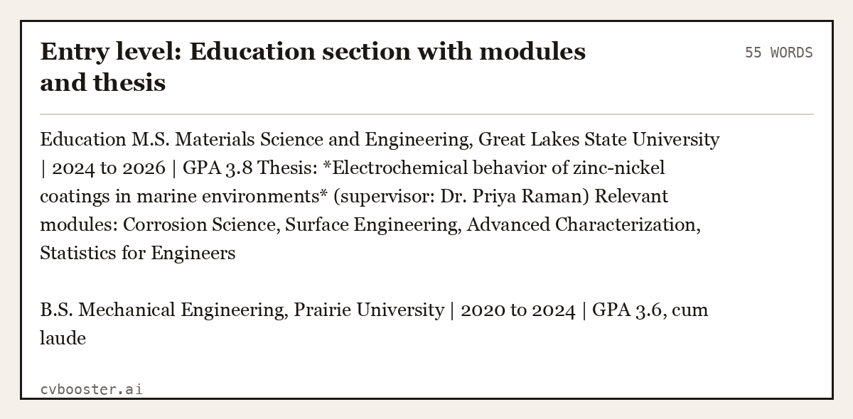 Entry level: Education section with modules and thesis, complete example, 55 words