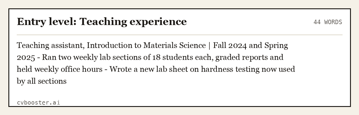 Complete Entry level: Teaching experience example, 44 words, laid out as it would sit in the application form
