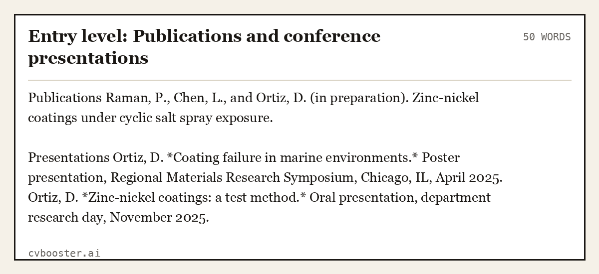 Entry level: Publications and conference presentations, complete example, 50 words