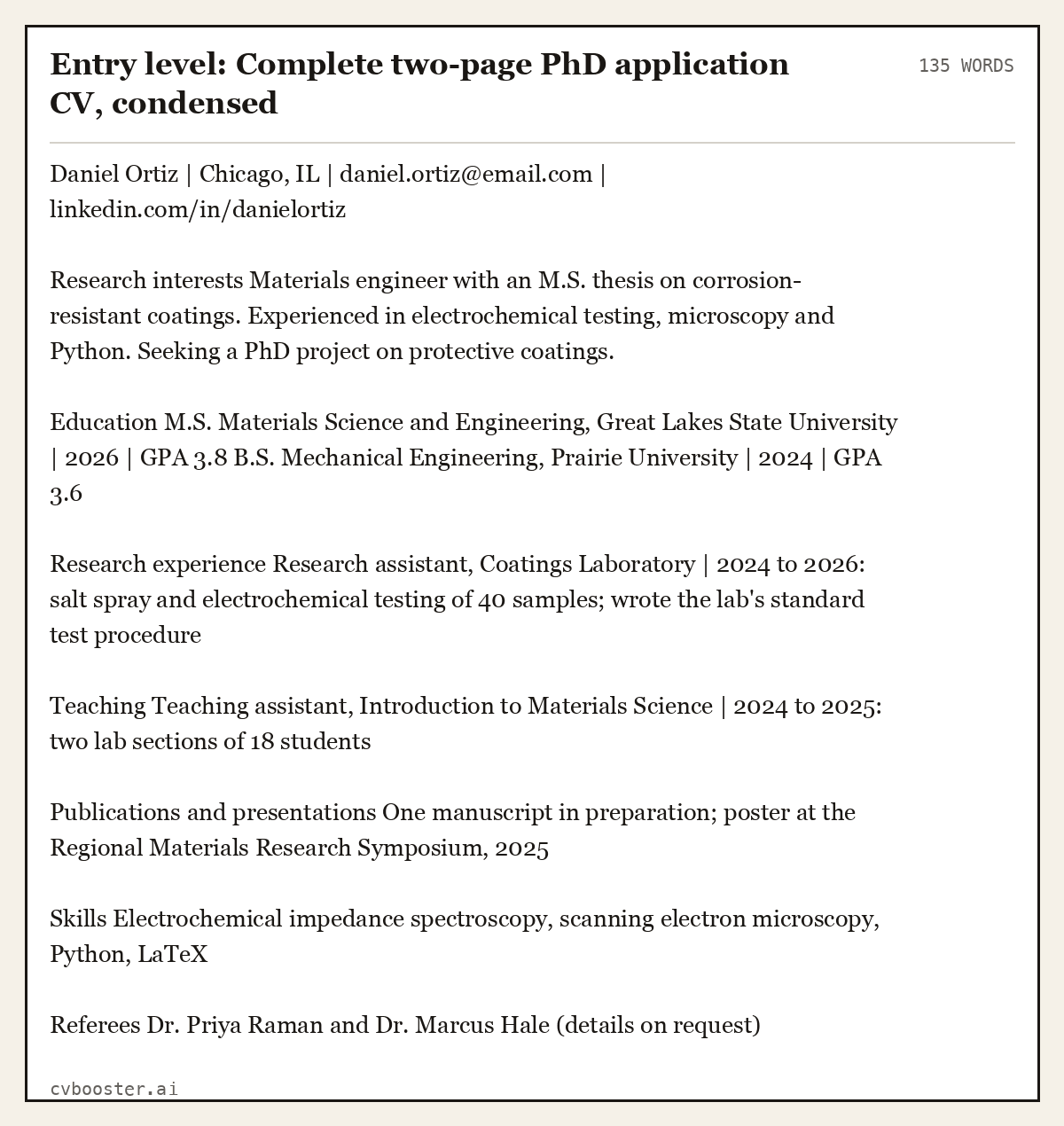 Entry level: Complete two-page PhD application CV, condensed, complete example, 135 words