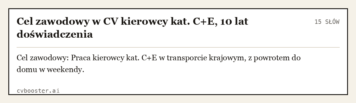 Gotowy przykład: Cel zawodowy w CV kierowcy kat. C+E, 10 lat doświadczenia, 15 słów
