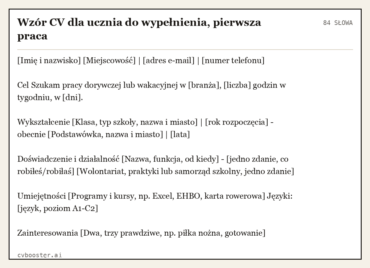 Gotowy przykład: Wzór CV dla ucznia do wypełnienia, pierwsza praca, 84 słowa