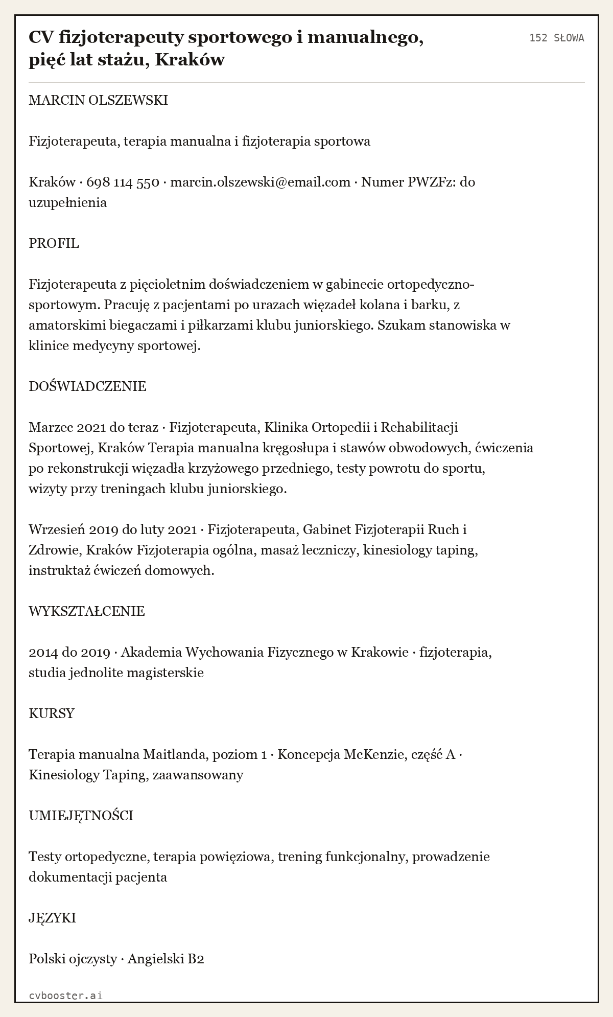 Gotowy przykład: CV fizjoterapeuty sportowego i manualnego, pięć lat stażu, Kraków, 152 słowa