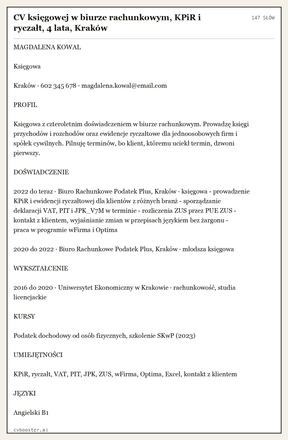 Gotowy przykład: CV księgowej w biurze rachunkowym, KPiR i ryczałt, 4 lata, Kraków, 147 słów