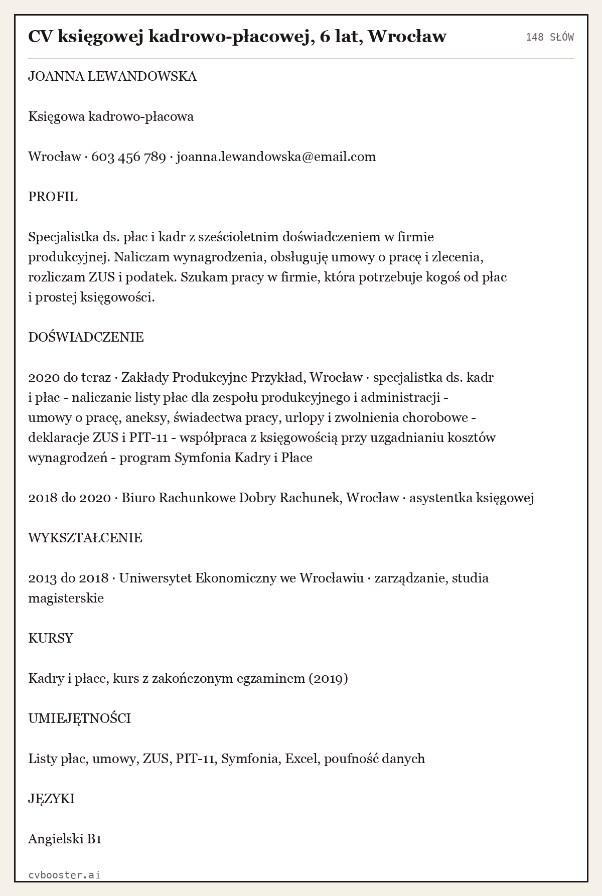 Gotowy przykład: CV księgowej kadrowo-płacowej, 6 lat, Wrocław, 148 słów