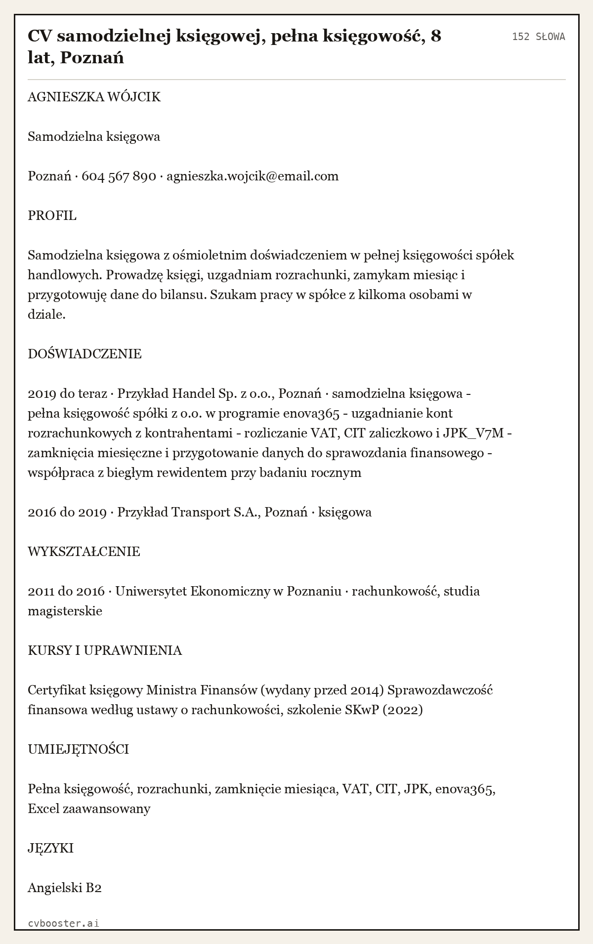 Gotowy przykład: CV samodzielnej księgowej, pełna księgowość, 8 lat, Poznań, 152 słowa