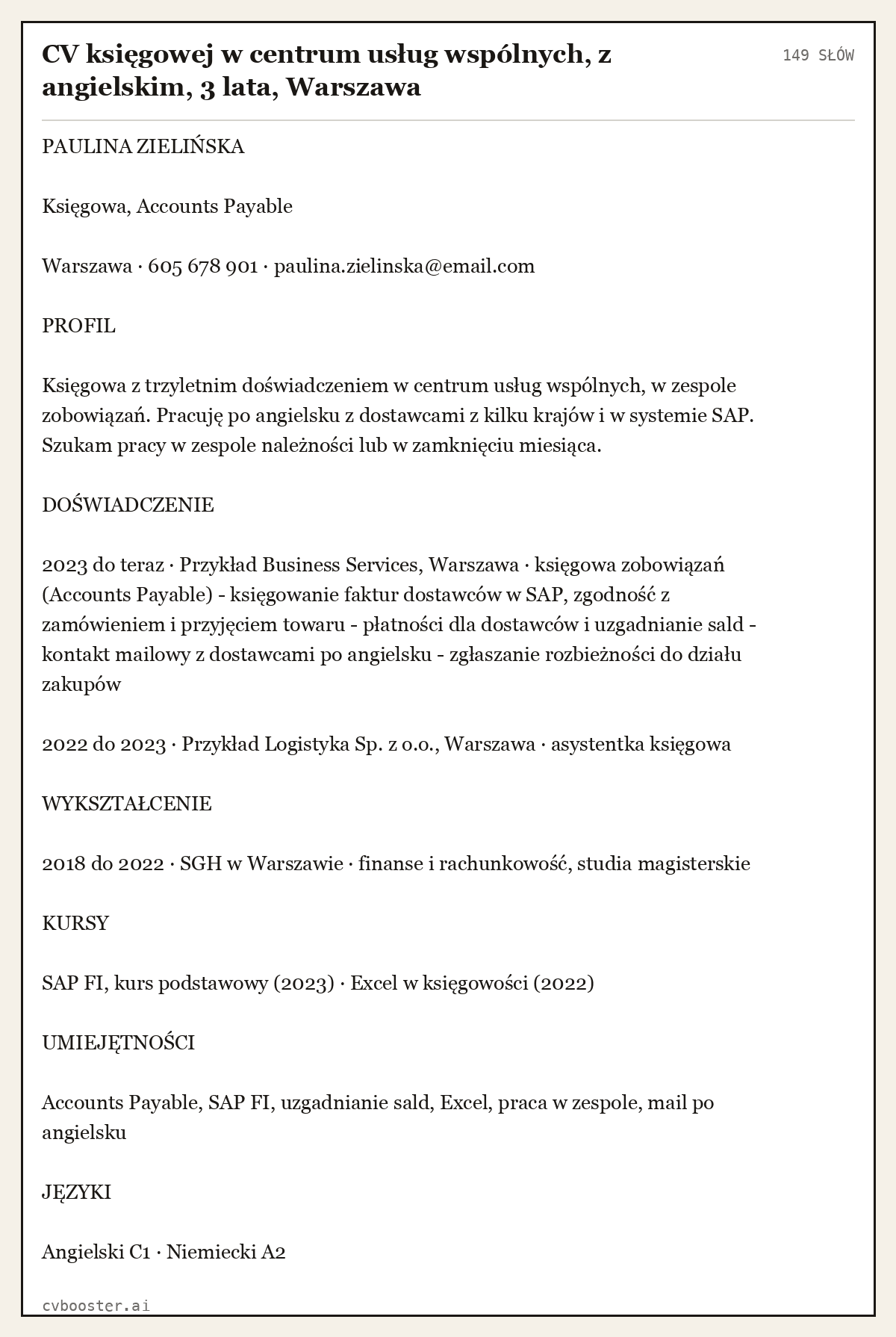 Gotowy przykład: CV księgowej w centrum usług wspólnych, z angielskim, 3 lata, Warszawa, 149 słów