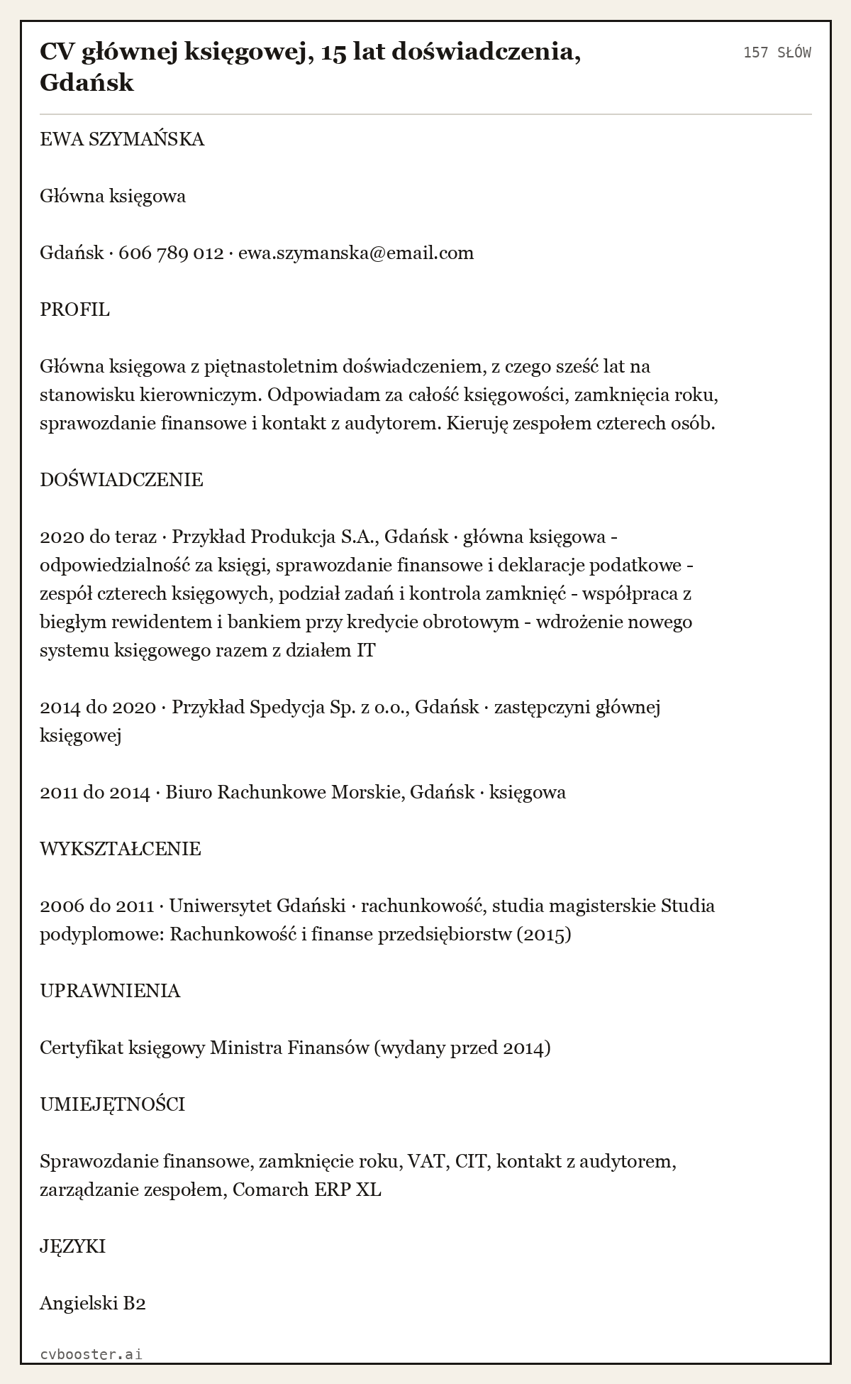 Gotowy przykład: CV głównej księgowej, 15 lat doświadczenia, Gdańsk, 157 słów