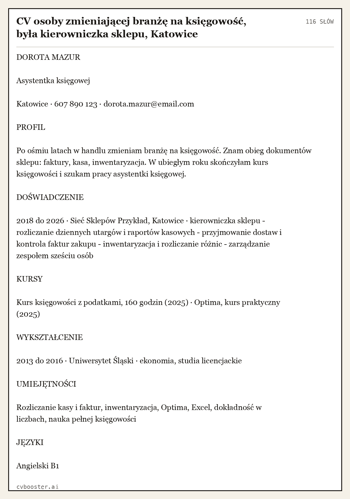 Gotowy przykład: CV osoby zmieniającej branżę na księgowość, była kierowniczka sklepu, Katowice, 116 słów