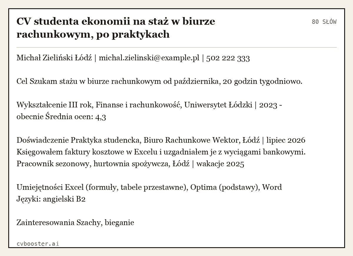 Gotowy przykład: CV studenta ekonomii na staż w biurze rachunkowym, po praktykach, 80 słów