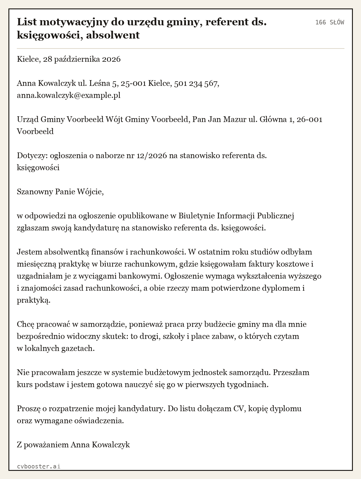 Gotowy przykład: List motywacyjny do urzędu gminy, referent ds. księgowości, absolwent, 166 słów