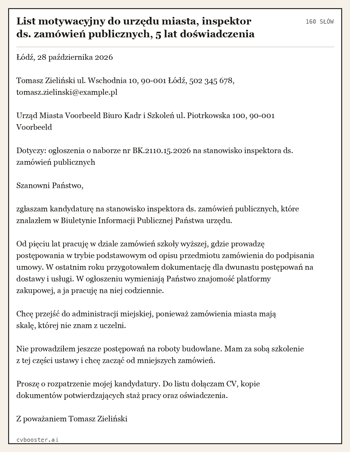 Gotowy przykład: List motywacyjny do urzędu miasta, inspektor ds. zamówień publicznych, 5 lat doświadczenia, 160 słów