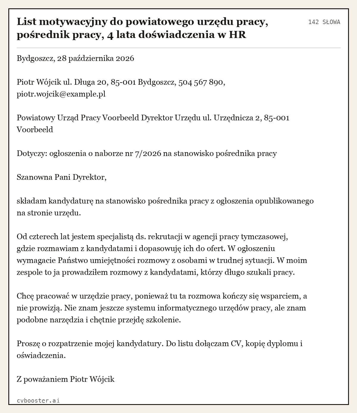 Gotowy przykład: List motywacyjny do powiatowego urzędu pracy, pośrednik pracy, 4 lata doświadczenia w HR, 142 słowa