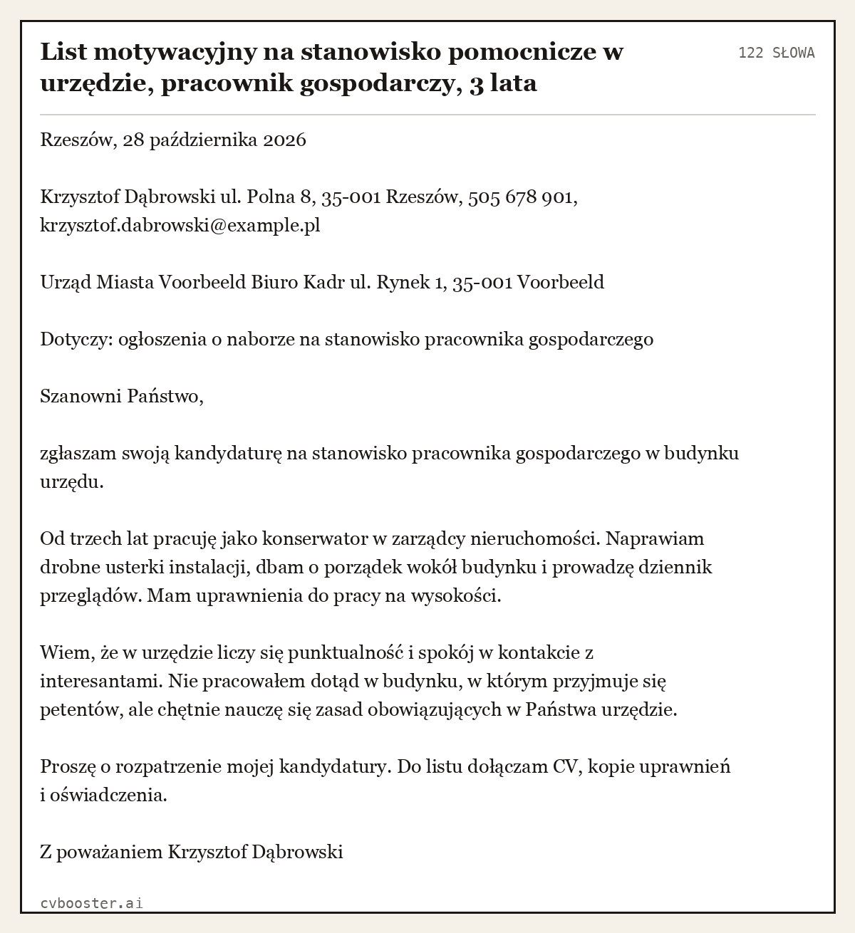 Gotowy przykład: List motywacyjny na stanowisko pomocnicze w urzędzie, pracownik gospodarczy, 3 lata, 122 słowa