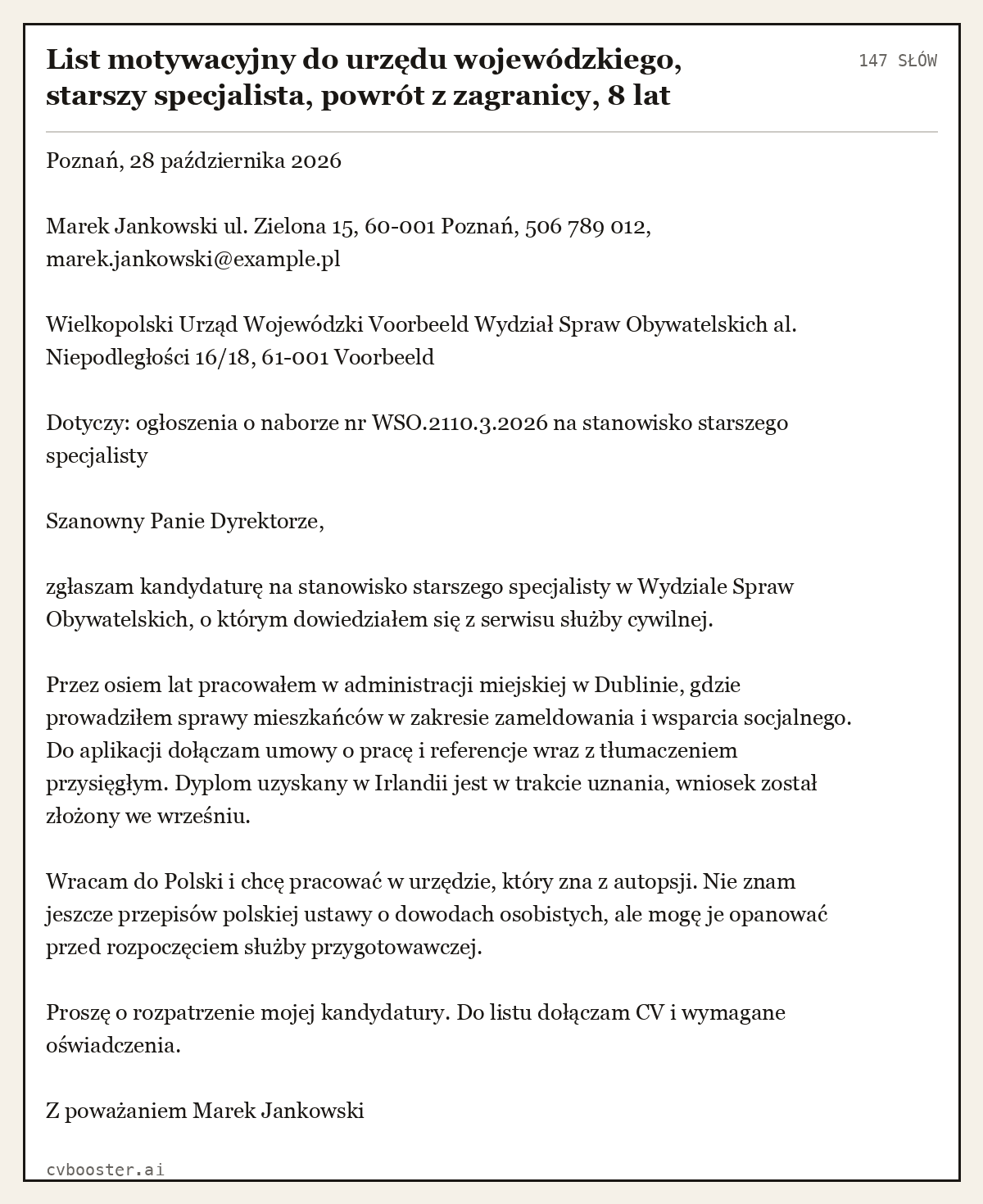 Gotowy przykład: List motywacyjny do urzędu wojewódzkiego, starszy specjalista, powrót z zagranicy, 8 lat, 147 słów