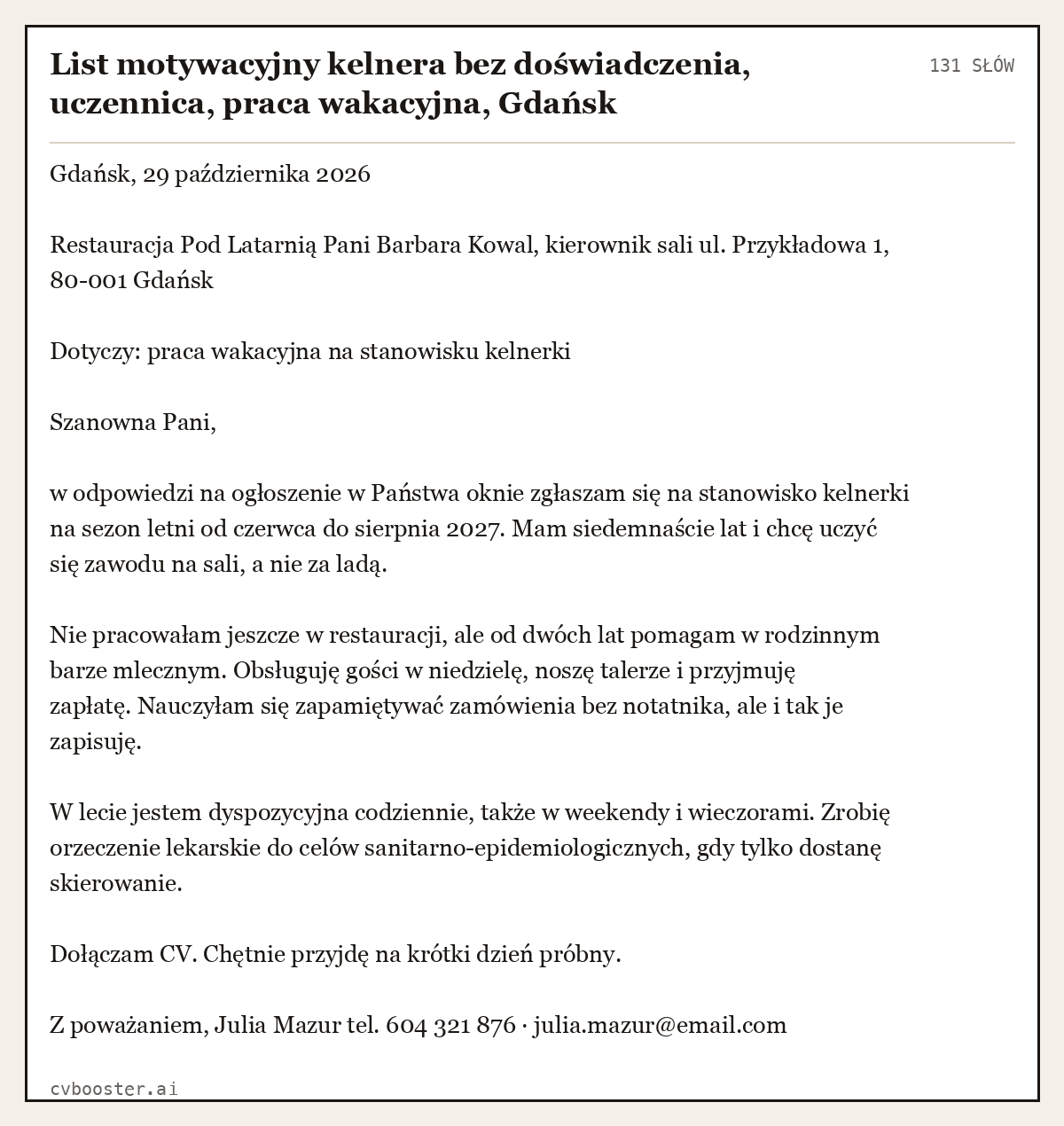 Gotowy przykład: List motywacyjny kelnera bez doświadczenia, uczennica, praca wakacyjna, Gdańsk, 131 słów