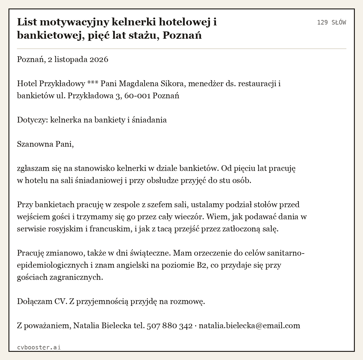 Gotowy przykład: List motywacyjny kelnerki hotelowej i bankietowej, pięć lat stażu, Poznań, 129 słów