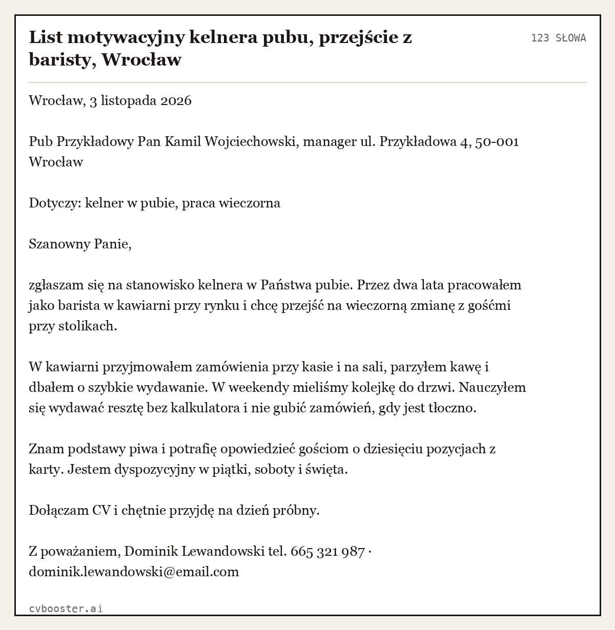 Gotowy przykład: List motywacyjny kelnera pubu, przejście z baristy, Wrocław, 123 słowa