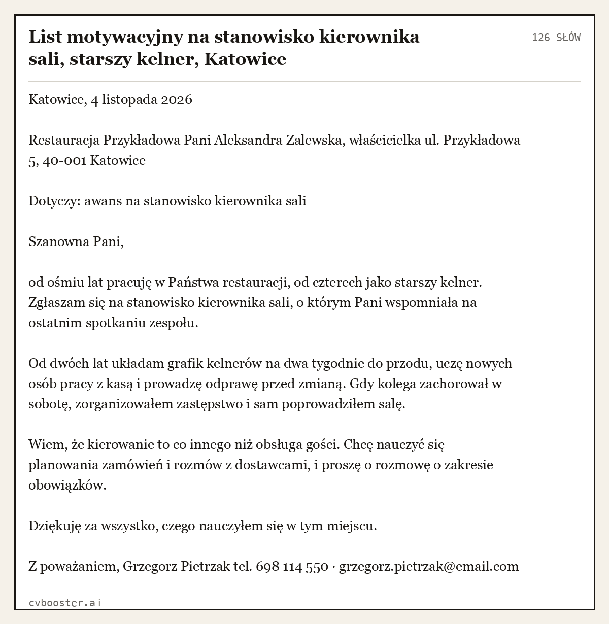 Gotowy przykład: List motywacyjny na stanowisko kierownika sali, starszy kelner, Katowice, 126 słów