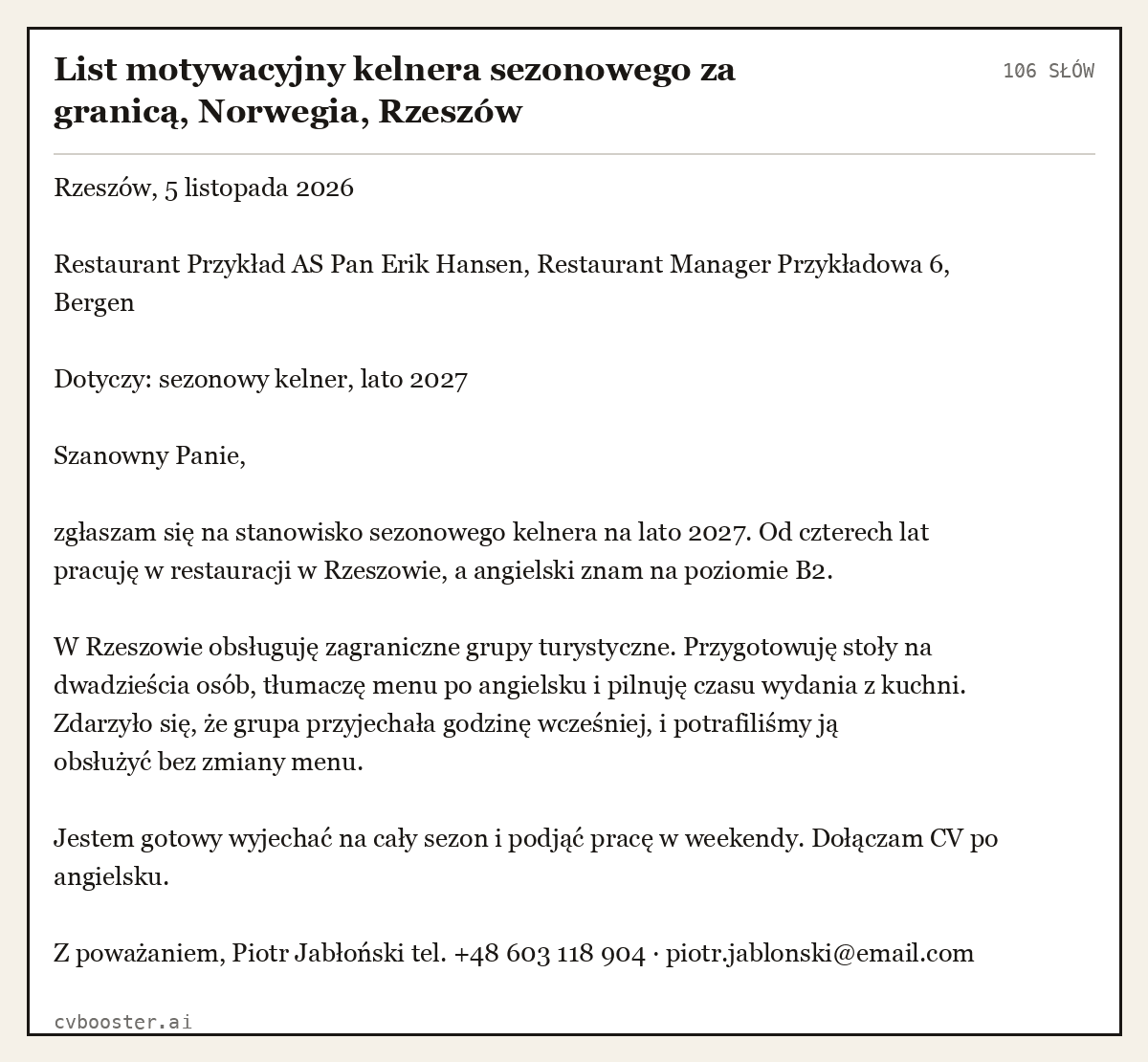 Gotowy przykład: List motywacyjny kelnera sezonowego za granicą, Norwegia, Rzeszów, 106 słów