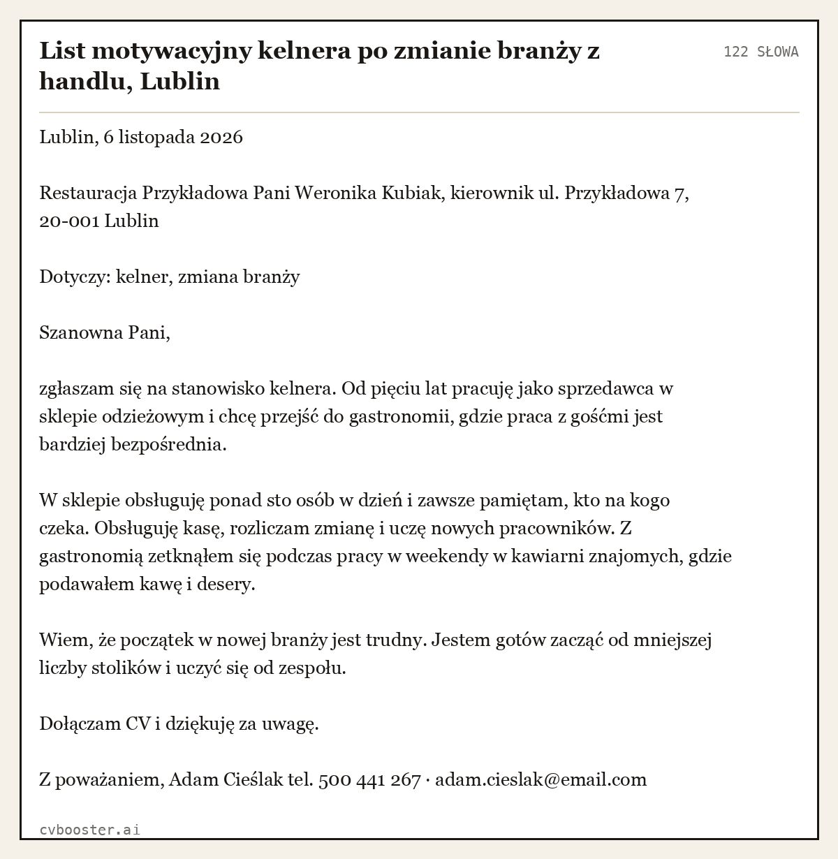 Gotowy przykład: List motywacyjny kelnera po zmianie branży z handlu, Lublin, 122 słowa
