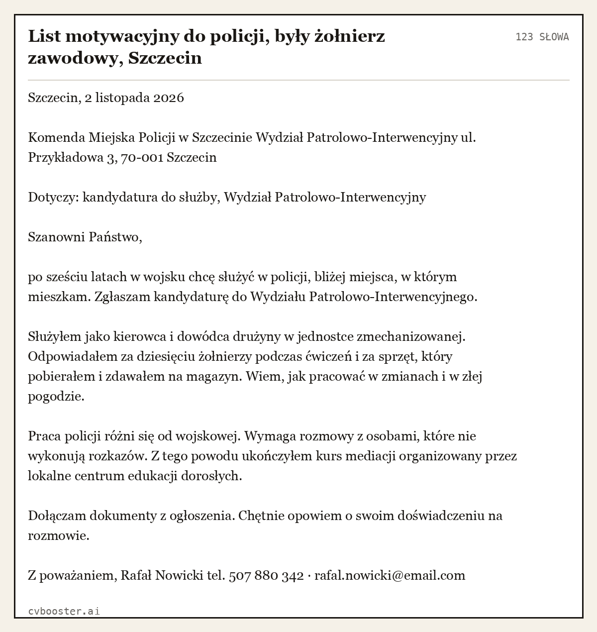 Gotowy przykład: List motywacyjny do policji, były żołnierz zawodowy, Szczecin, 123 słowa
