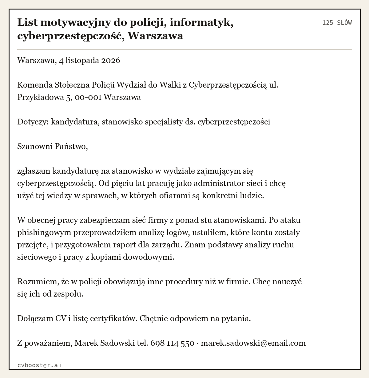Gotowy przykład: List motywacyjny do policji, informatyk, cyberprzestępczość, Warszawa, 125 słów