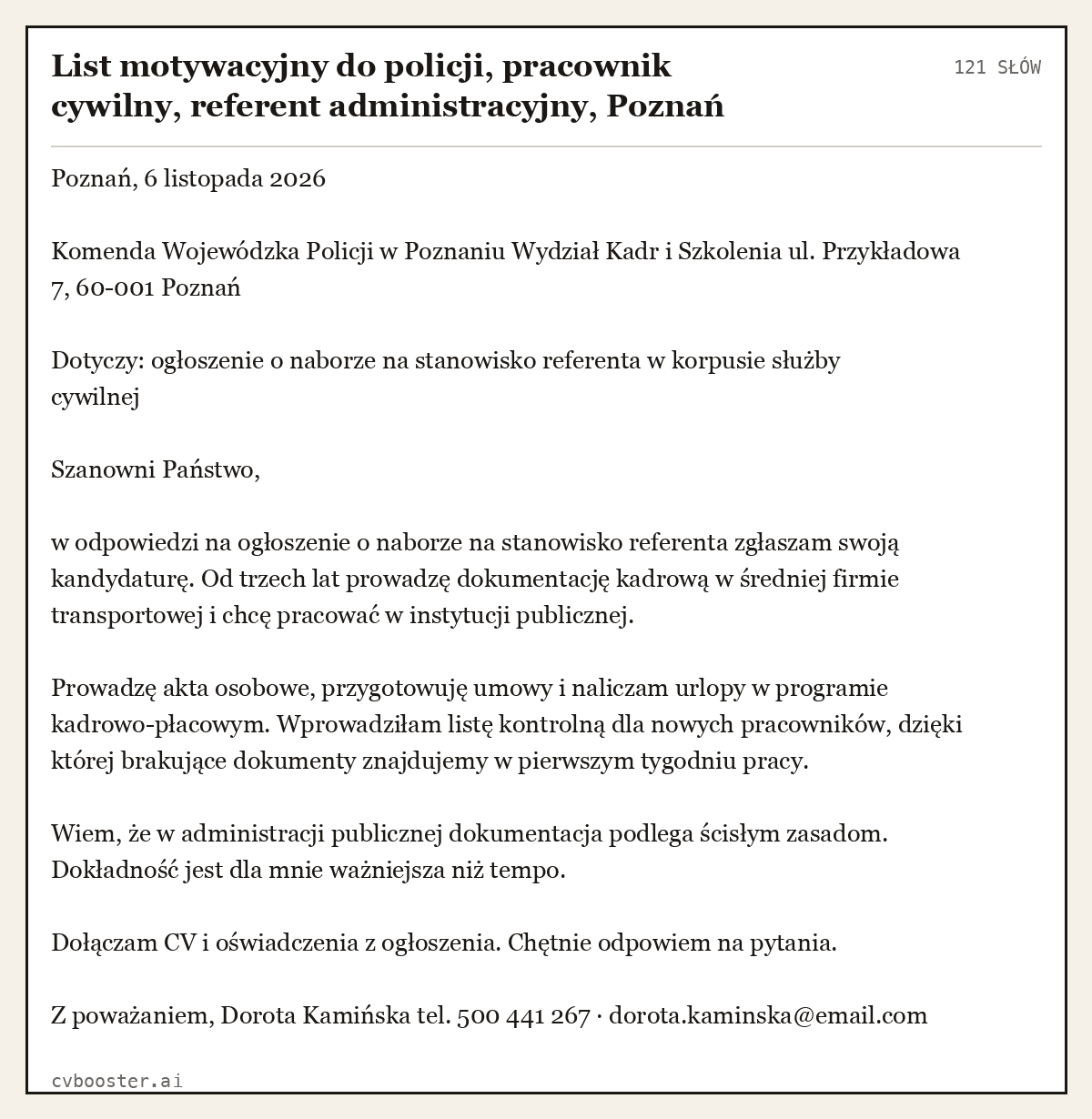 Gotowy przykład: List motywacyjny do policji, pracownik cywilny, referent administracyjny, Poznań, 121 słów