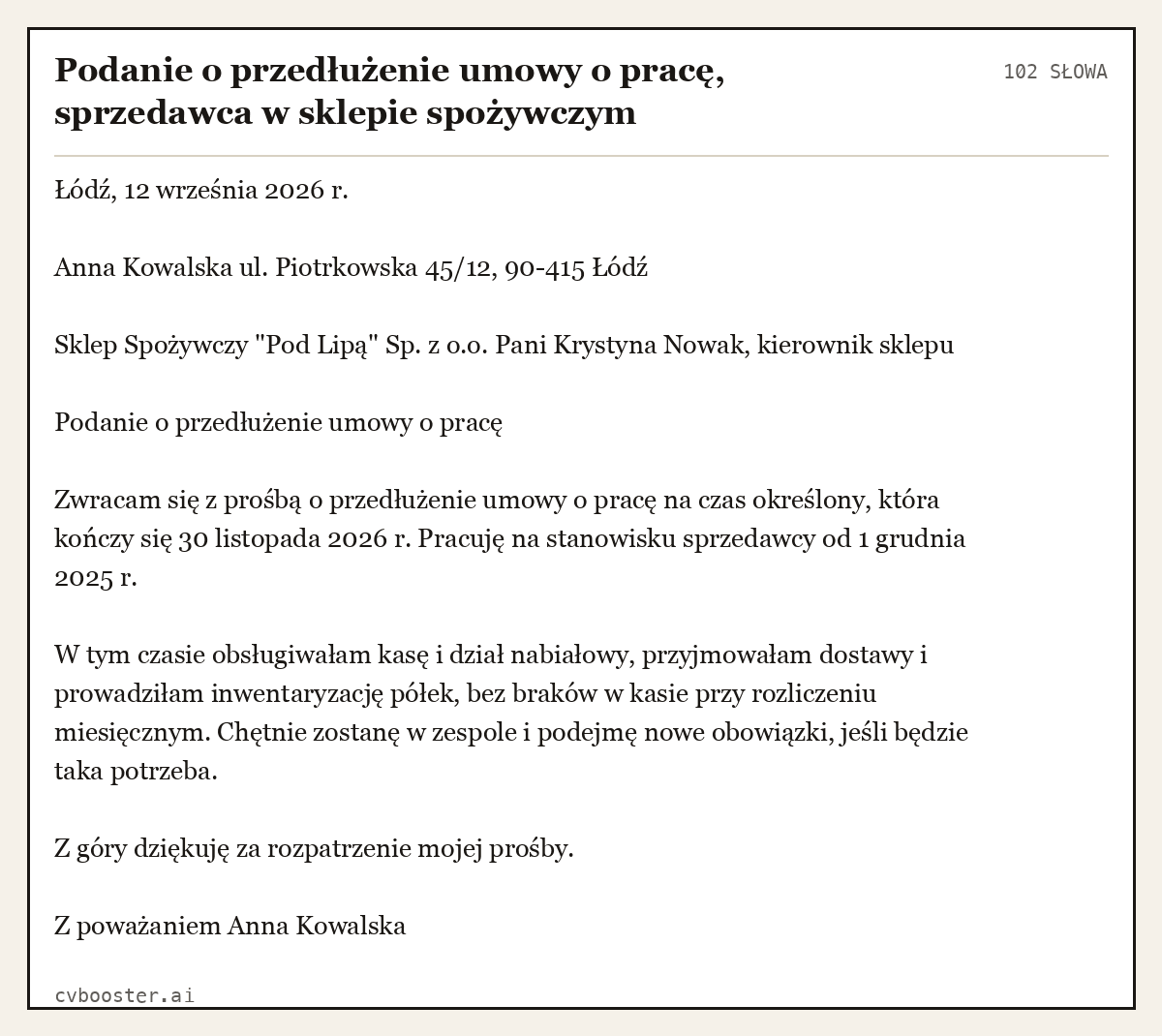 Gotowy przykład: Podanie o przedłużenie umowy o pracę, sprzedawca w sklepie spożywczym, 102 słowa