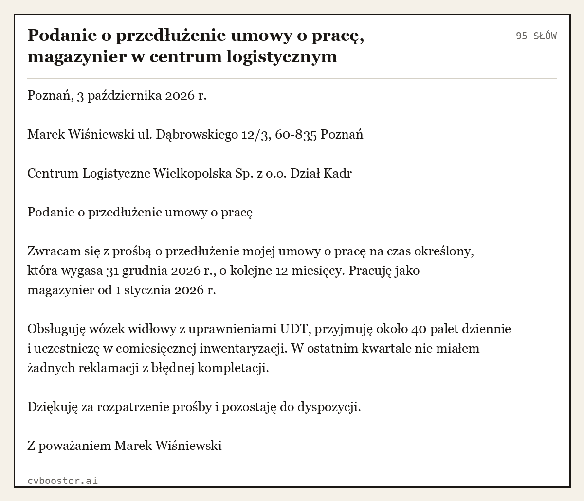 Gotowy przykład: Podanie o przedłużenie umowy o pracę, magazynier w centrum logistycznym, 95 słów