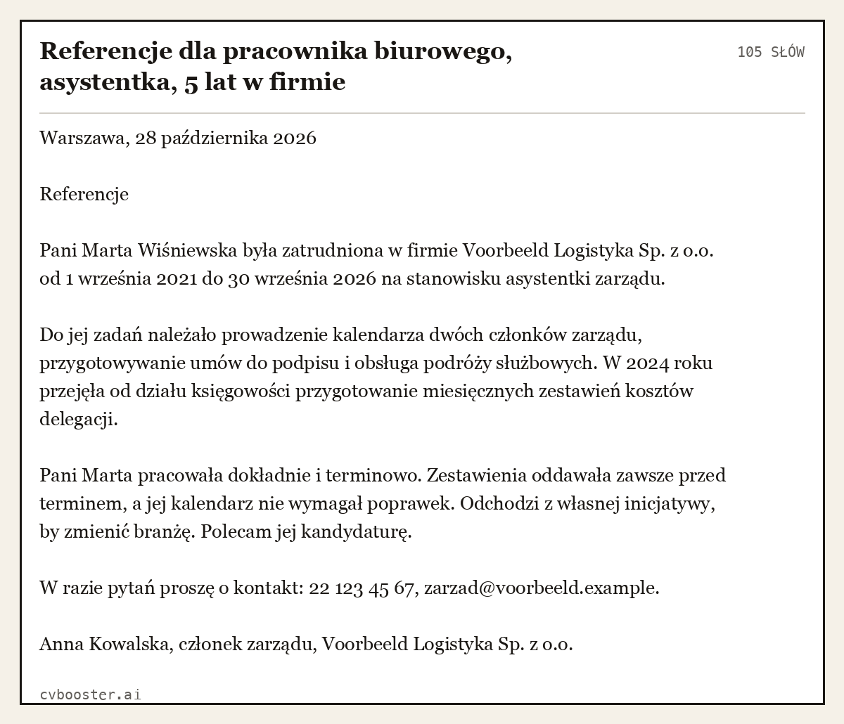 Gotowy przykład: Referencje dla pracownika biurowego, asystentka, 5 lat w firmie, 105 słów