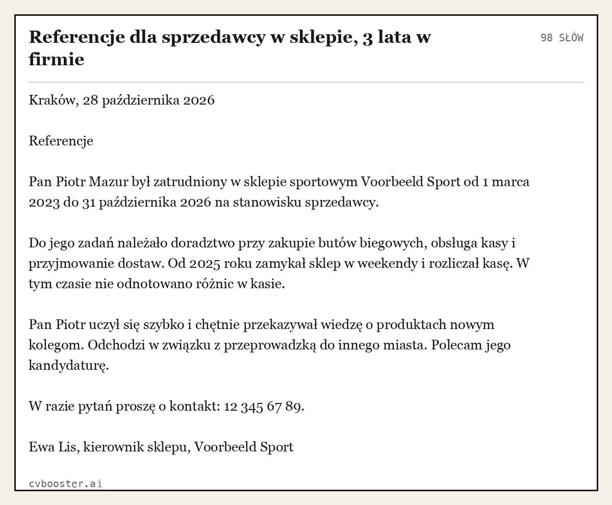 Gotowy przykład: Referencje dla sprzedawcy w sklepie, 3 lata w firmie, 98 słów