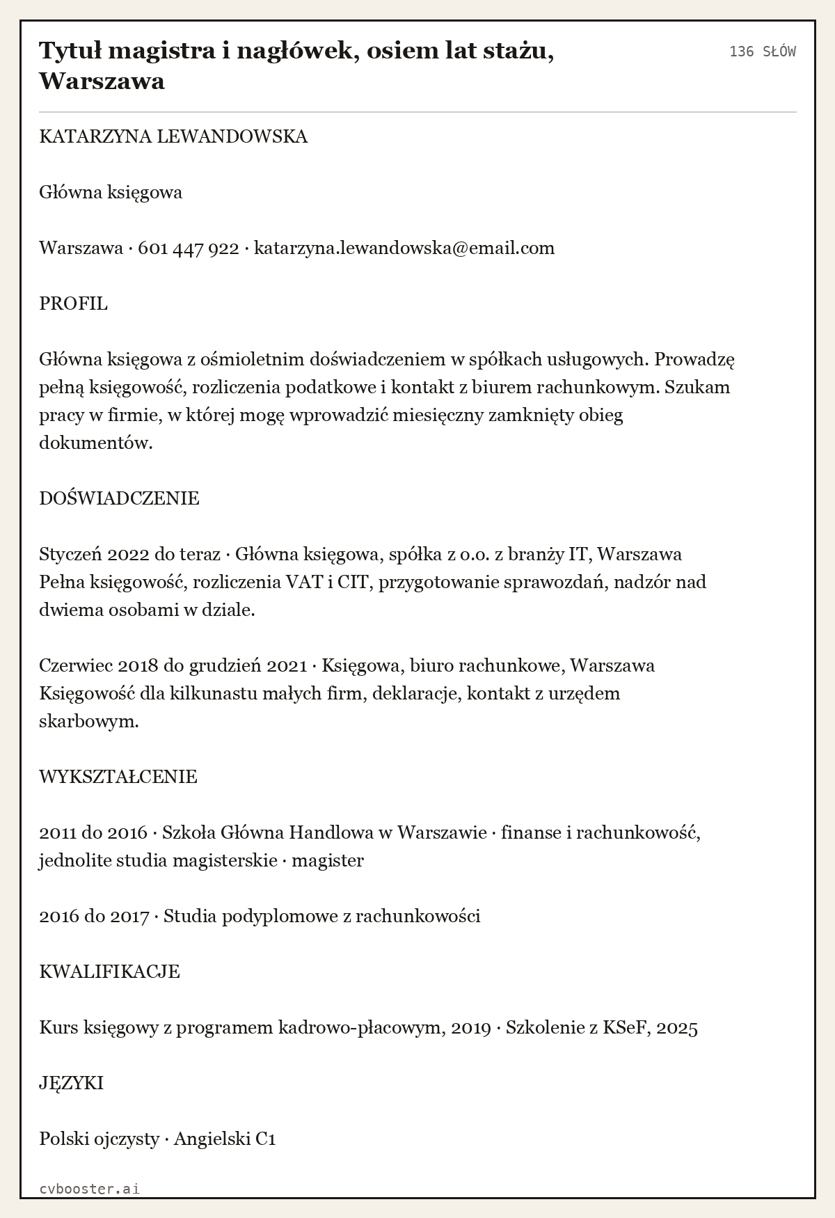 Gotowy przykład: Tytuł magistra i nagłówek, osiem lat stażu, Warszawa, 136 słów