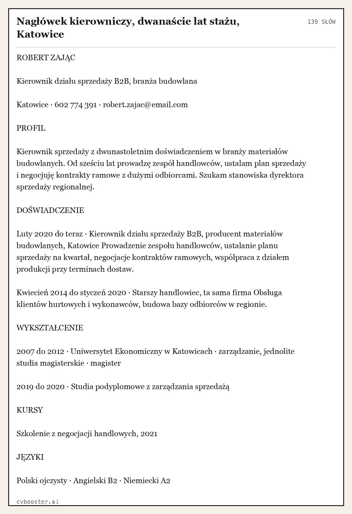 Gotowy przykład: Nagłówek kierowniczy, dwanaście lat stażu, Katowice, 139 słów