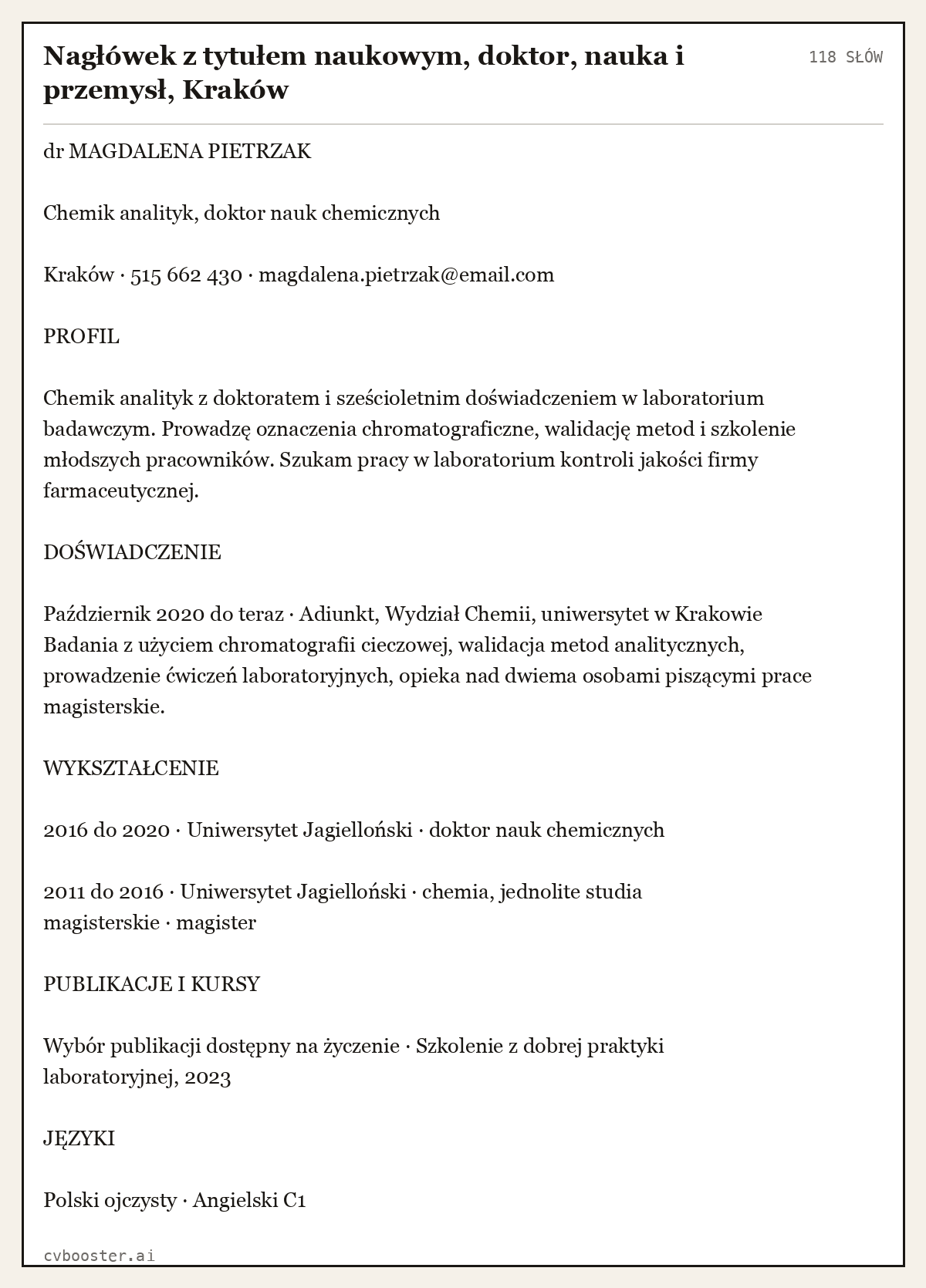 Gotowy przykład: Nagłówek z tytułem naukowym, doktor, nauka i przemysł, Kraków, 118 słów