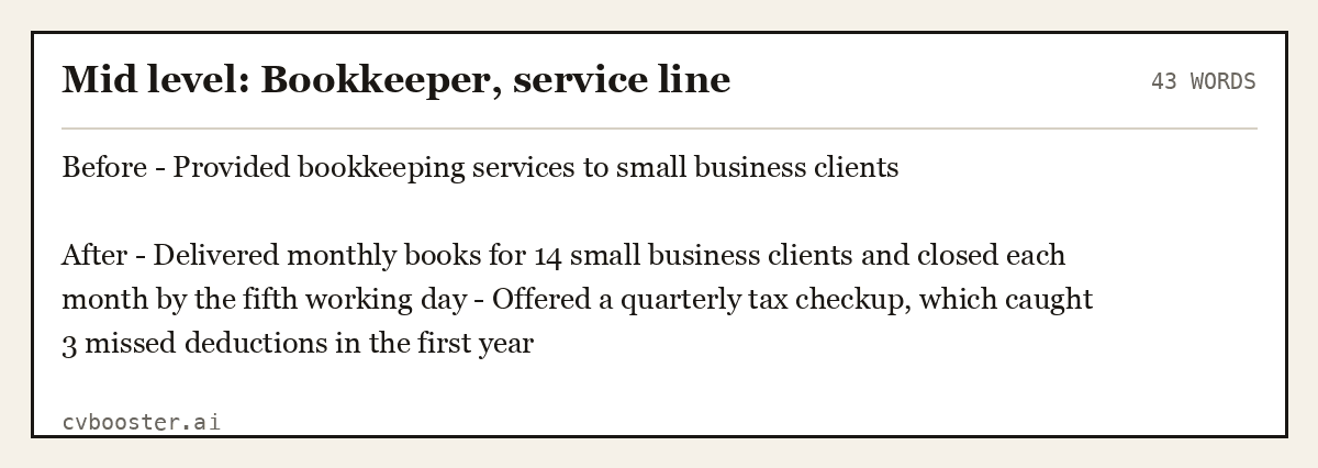Complete Mid level: Bookkeeper, service line example, 43 words, laid out as it would sit in the application form