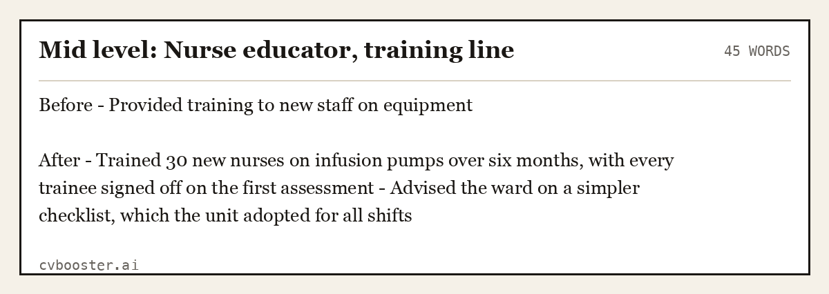 Complete Mid level: Nurse educator, training line example, 45 words, laid out as it would sit in the application form