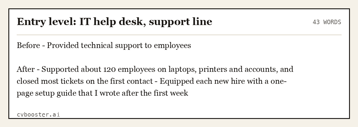 Complete Entry level: IT help desk, support line example, 43 words, laid out as it would sit in the application form