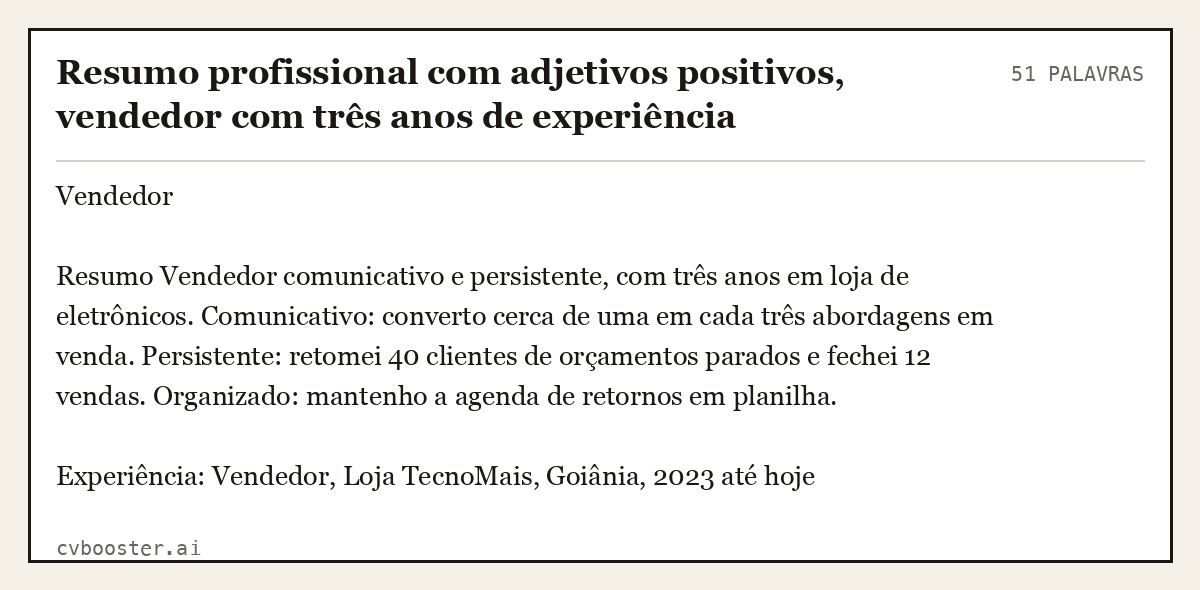 Exemplo completo: Resumo profissional com adjetivos positivos, vendedor com três anos de experiência, 51 palavras